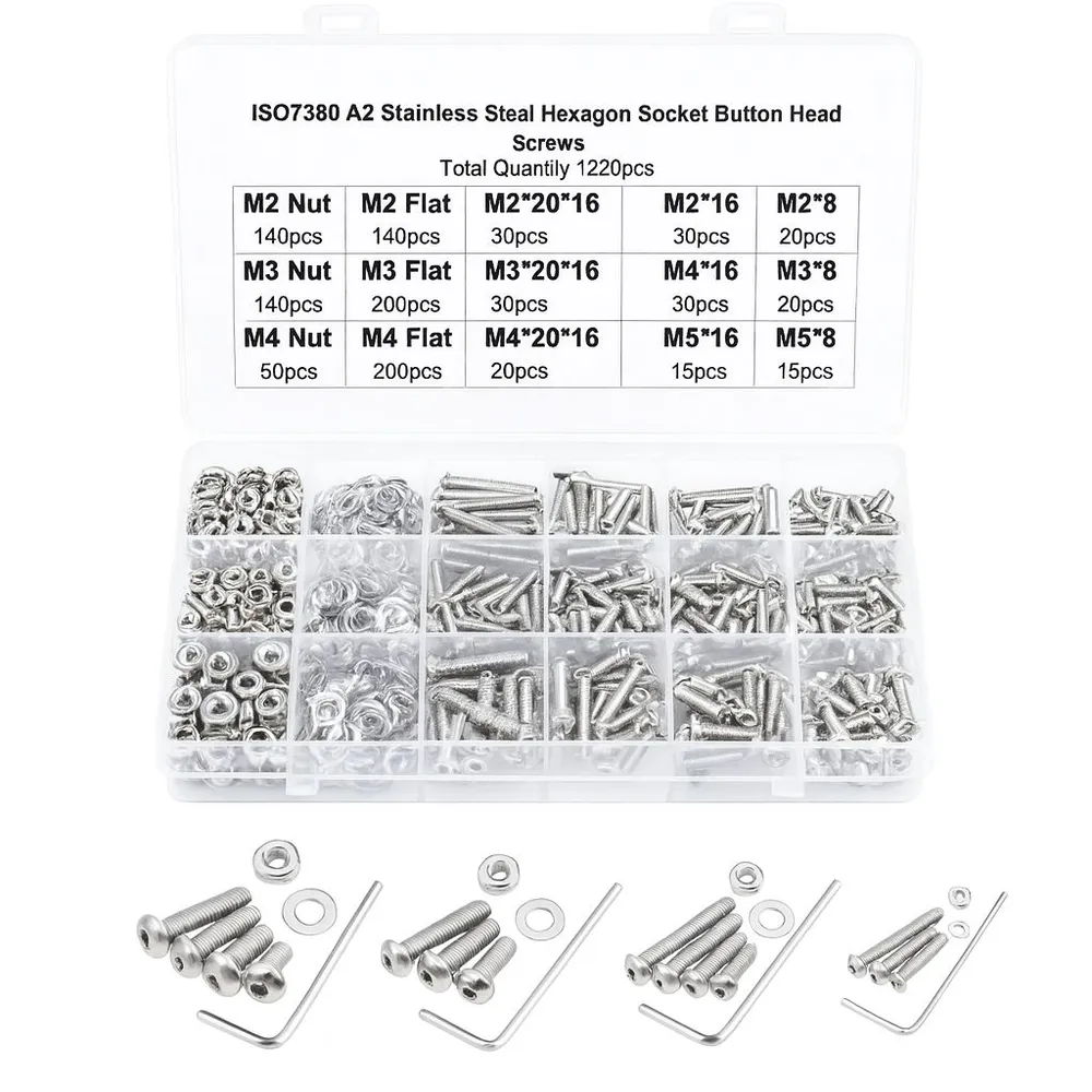 Набор винтов c шайбами и гайками (M2, M3, M4, M5), в комплекте 1220 штук