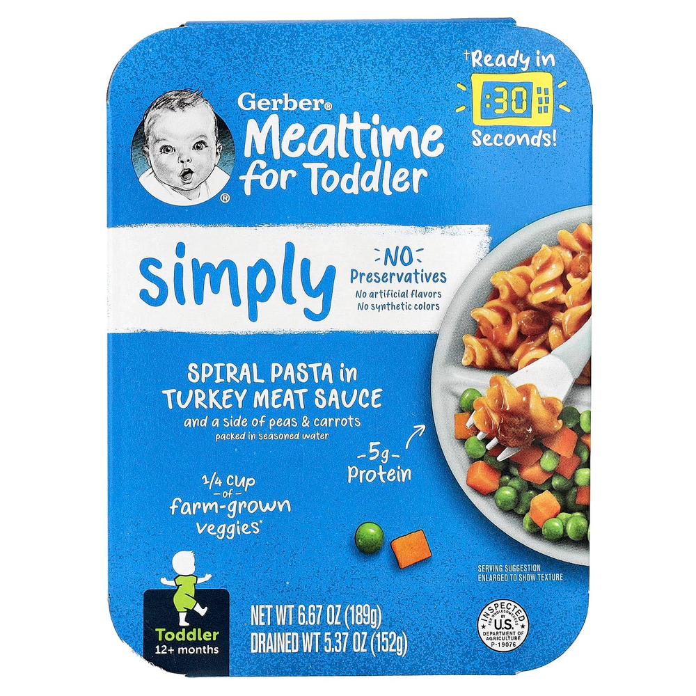 Gerber, Mealtime for Toddler, от 12 месяцев, спиральная паста с мясным соусом и гарниром из гороха и моркови, 189 г (6,67 унции)