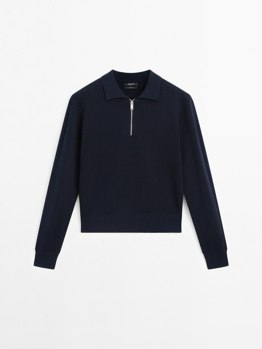 Massimo Dutti Свитер с воротником поло на молнии, темно-синий
