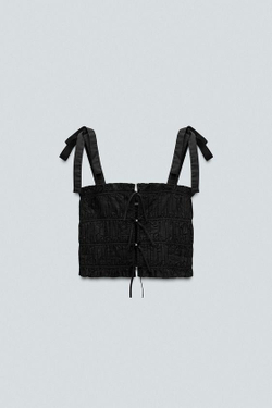 ZARA ТОП ИЗ ПОПЛИНА С БАНТАМИ И СТРАЗАМИ, ЧЕРНЫЙ