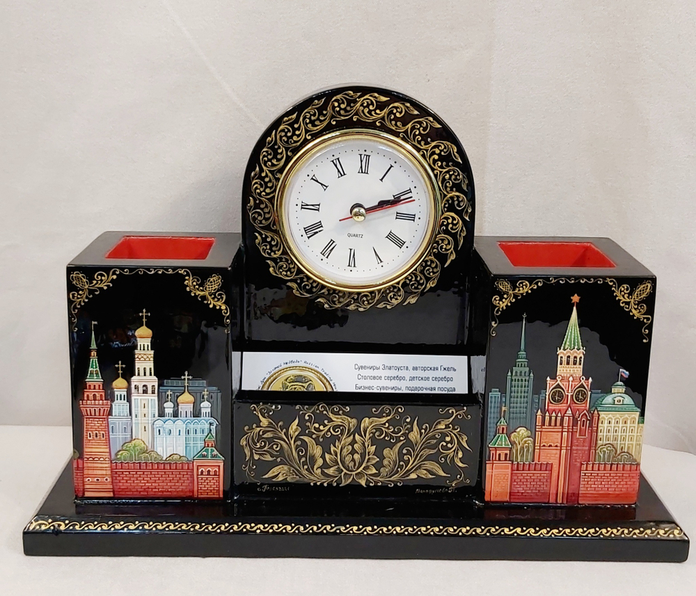Настольный набор с часами с ручной росписью Палех "Москва " №2