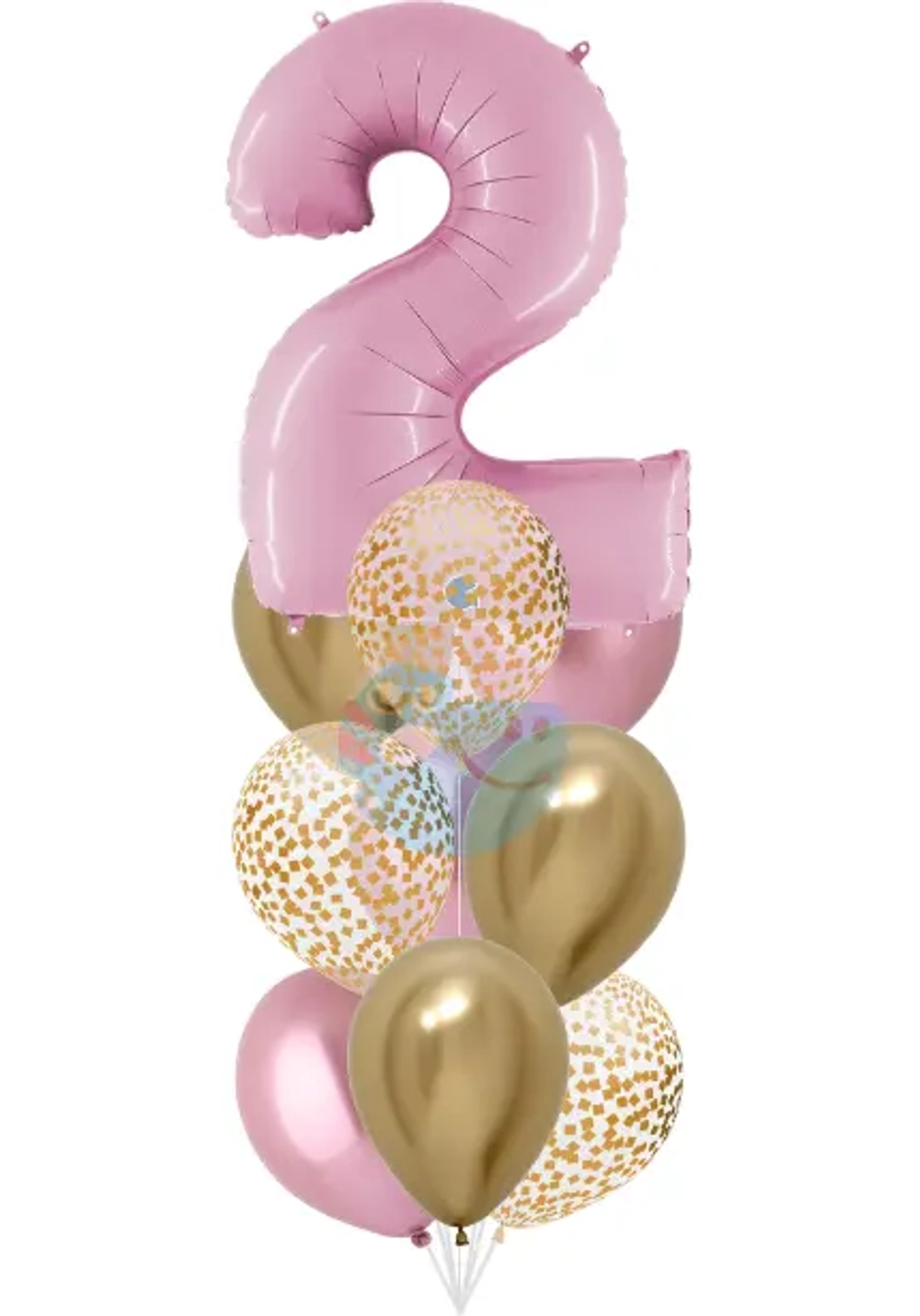 Фонтан c розовой цифрой «2» из 10 воздушных шаров с гелием