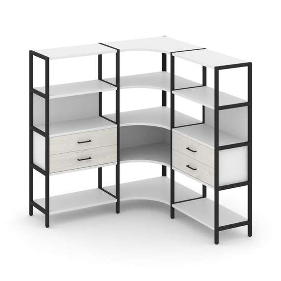 Shelf System Трехсекционный угловой стеллаж четырехярусный с ящиками SN.STMU-431 Белый/Дуб Наварра/М