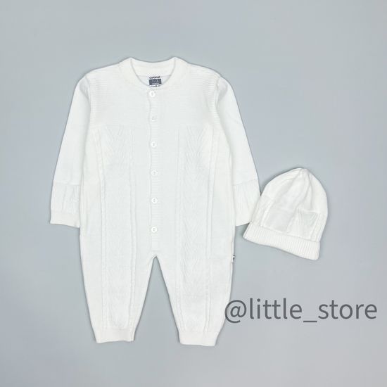 Комбинезон вязаный с шапочкой, Молочный