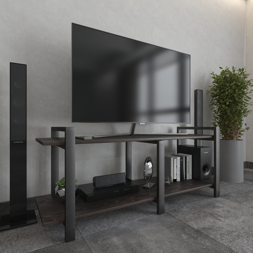 Тумба под телевизор напольная в стиле лофт из массива сосны и стали 150–200 см • Доставка по Москве, СПб и городам России