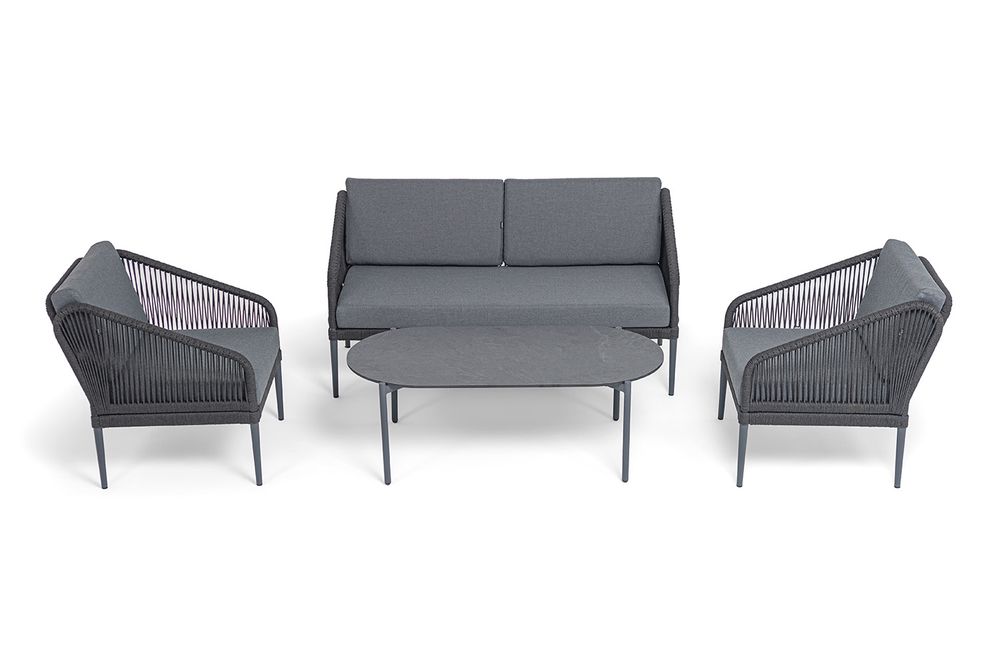 "Канны" лаунж-зона 4-местная (разборная) из роупа со столиком "Диего" цвета "серый гранит", роуп темно-серый круглый, ткань темно-серая