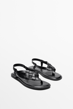 Massimo Dutti Кожаные плетеные сандалии на плоской подошве, черный