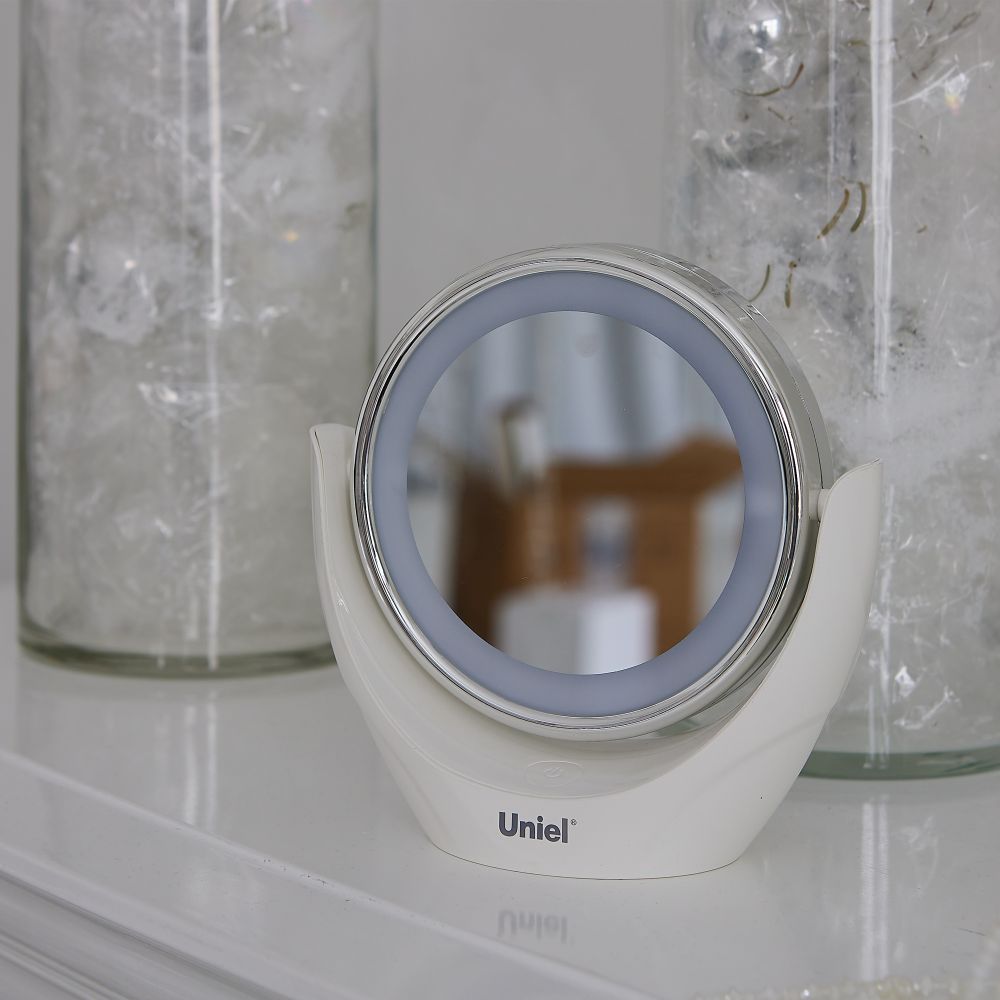 TLD-592 White-LED-13Lm-6000K-3АА Настольный светильник зеркало. На батарейках 3AAне в-к. Сенсорный выключатель. Белый. ТМ Uniel