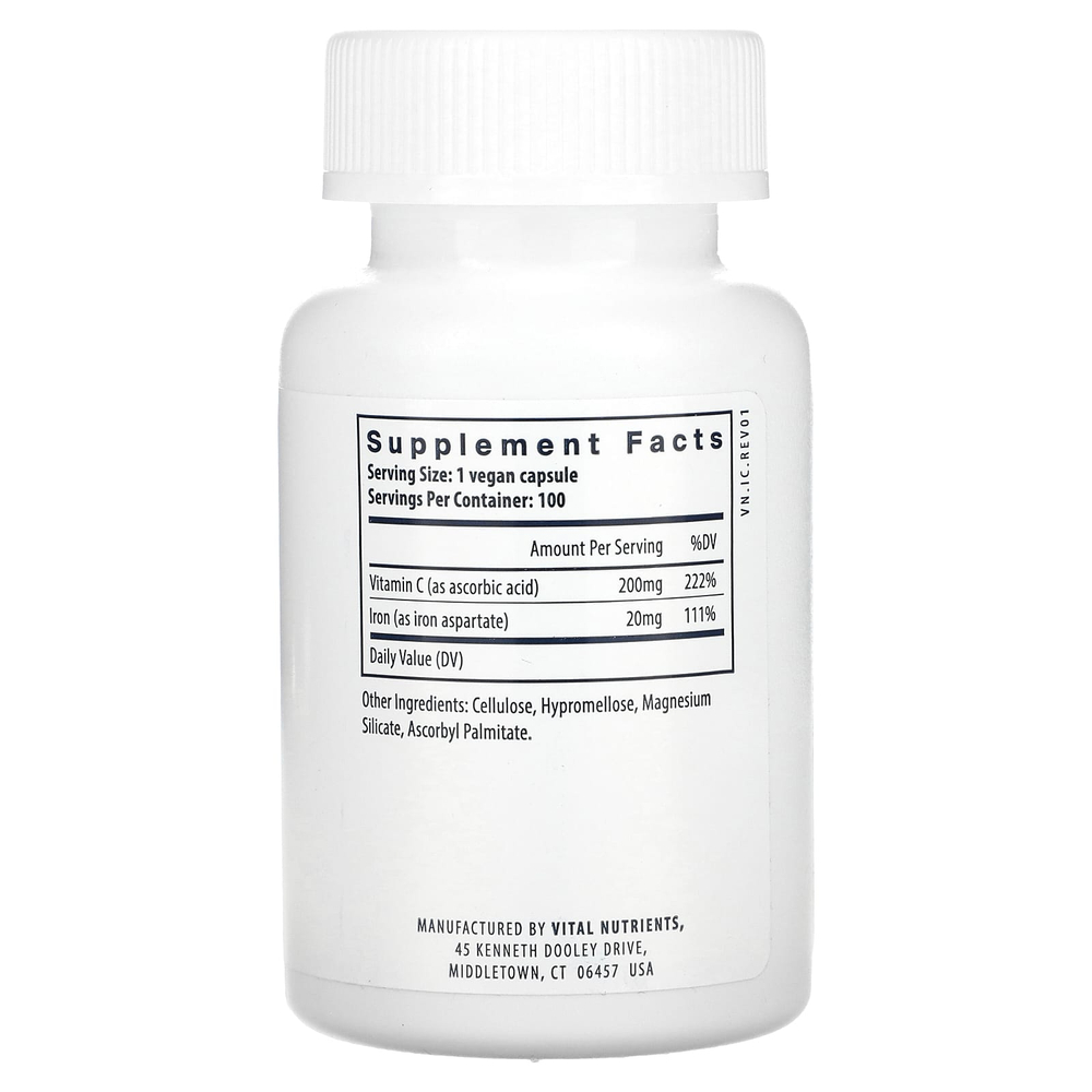 Vital Nutrients, Iron Plus C, 100 веганских капсул