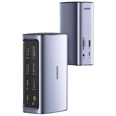 USB-Хаб Ugreen Revodok Pro 312 (USB-C) с внешним питанием (CM555) Порты: USB-C (PD 3.0 100 Вт), USB-C 3.2 Gen 2, USB-A 3.2 Gen 2, 2 USB-A 3.2 Gen 1, microSD UHS-I, SD UHS-I, HDMI (до 8K 30 Гц и 4K 60 Гц), HDMI (до 4K 60 Гц), DisplayPort (до 4K 60 Гц), Gig