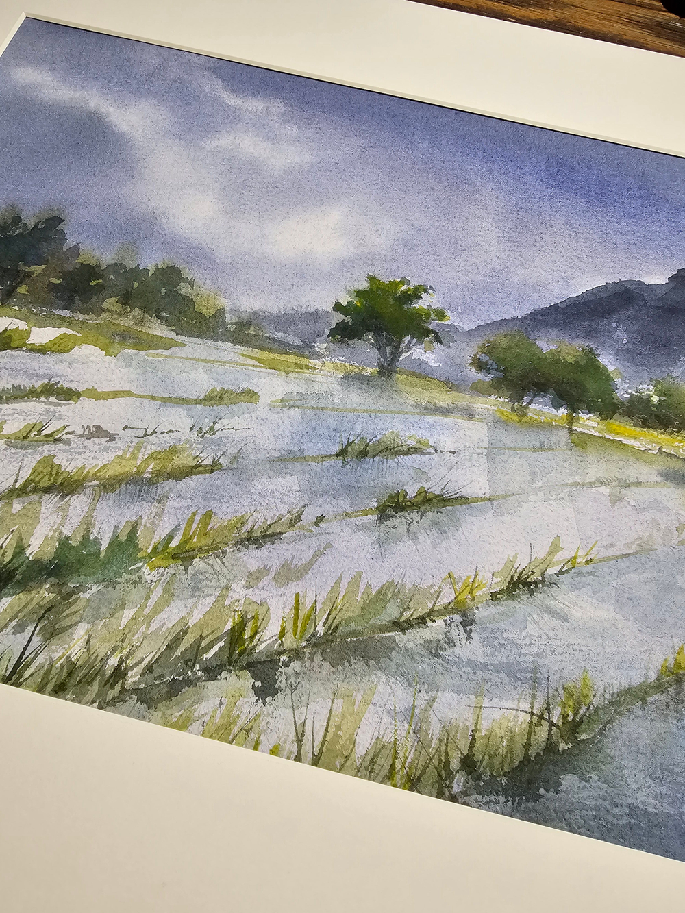 Картина авторская акварельная в паспарту 30х40 см на стену для интерьера "Дождливый день на рисовом поле"