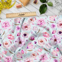 Ткань сатин летние букеты с листьями и бутонами