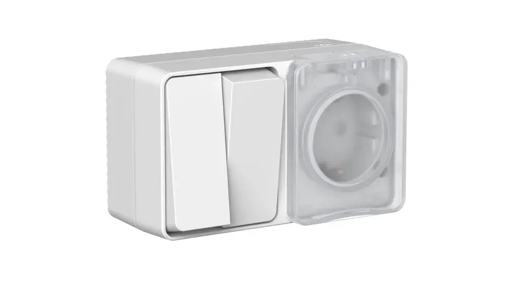 ATLASDESIGN PROFI IP54 О/У БЛОК: РОЗЕТКА с заземл. со шт., 16А, ВЫКЛЮЧАТЕЛЬ 2-клав., 10АХ, СЕРЫЙ