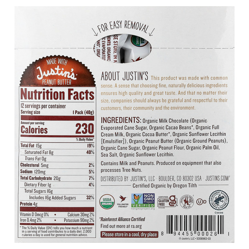 Justin's Nut Butter, Organic Peanut Butter Cups, Milk Chocolate, 12 Two-Cup Packages, 1.4 oz (40 g) Each