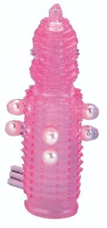 Розовая эластичная насадка на пенис с жемчужинами, точками и шипами Pearl Stimulator - 11,5 см. (Цвет: розовый)