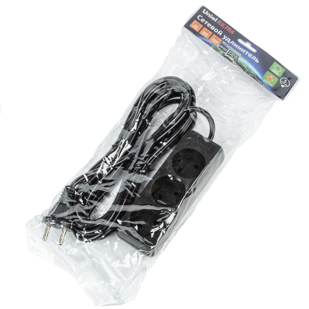 S-CU3-5 BLACK Удлинитель серии Ultra. шнур 5м.. 3 гнезда. 10A. б-з. Черный. TM Uniel