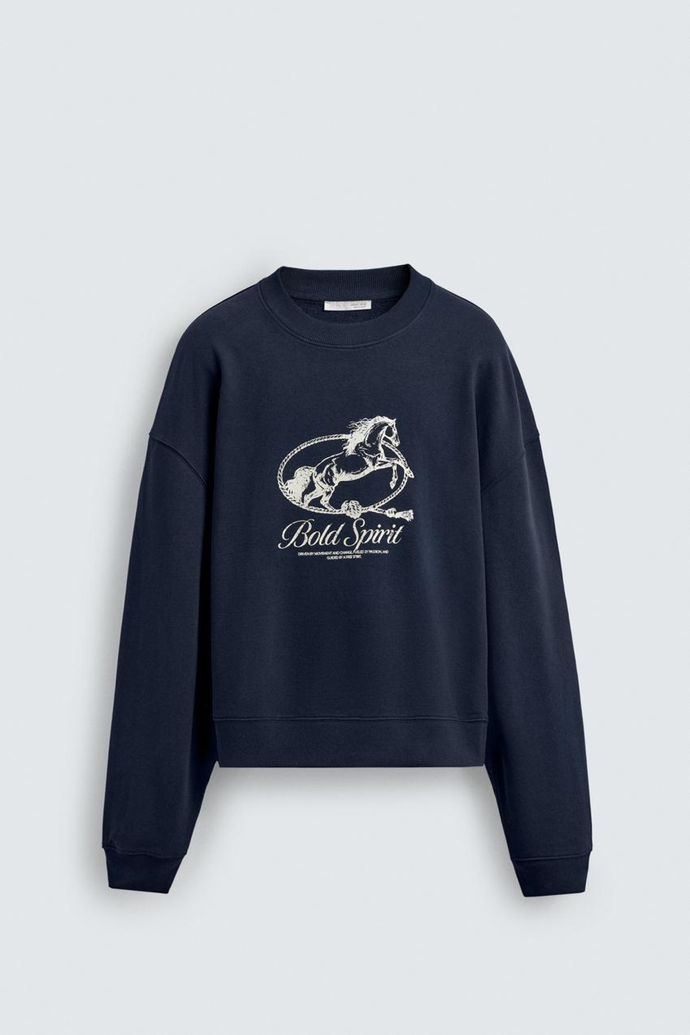 ZARA ТОЛСТОВКА CREWNECK С ПРИНТОМ «ЛОШАДЬ», МОРСКОЙ СИНИЙ