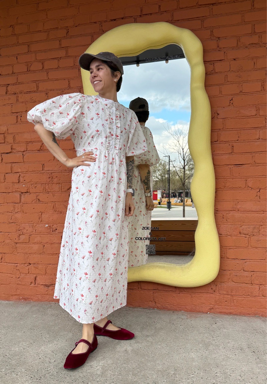 Платье с жабо и рукавами-фонариками, Маки