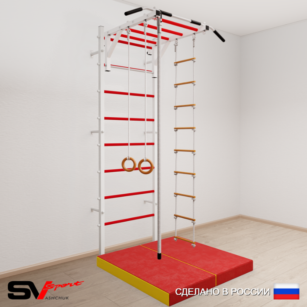 Шведская стенка Sv Sport усиленная 6214 (Турник рукоход/Канат/Кольца/Лестница/Мат 1м)