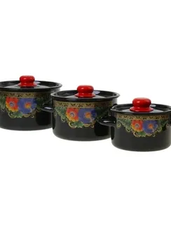 Набор кастрюль «Вологда», 3 предмета: 1,5 л, 2,9 л, 3,9 л, эмалированные крышки, индукция, цвет чёрный