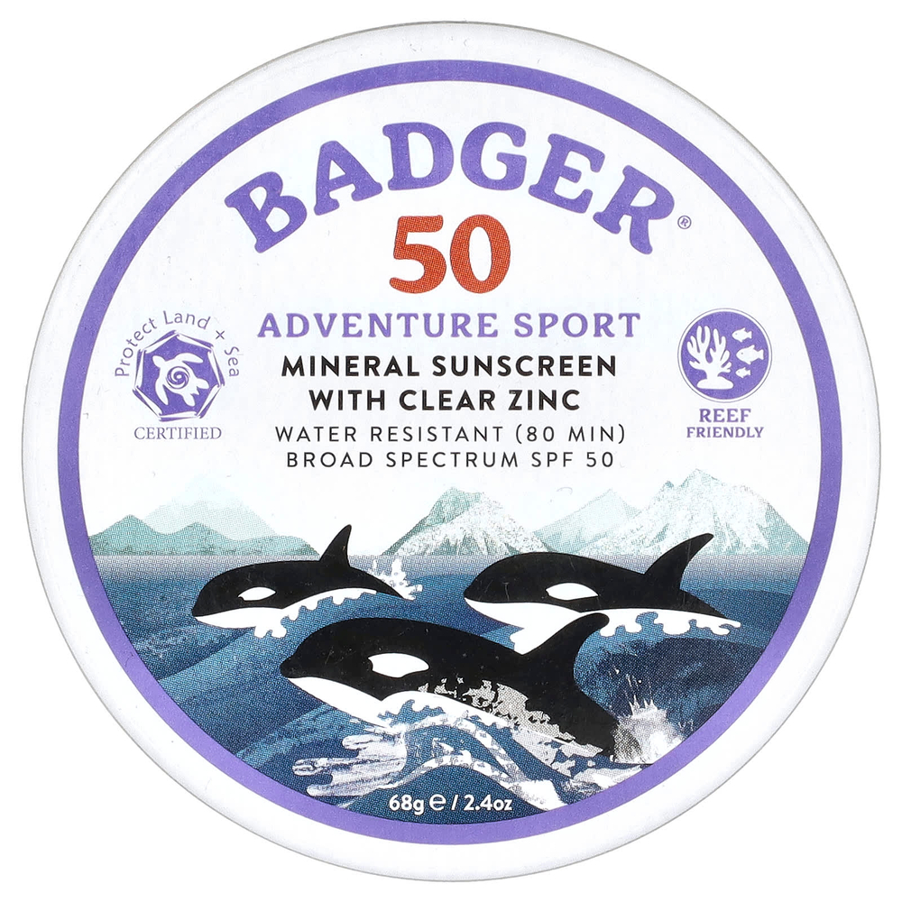 Badger, Adventure Sport, минеральное солнцезащитное средство с прозрачным цинком, SPF 50, без запаха, 68 г (2,4 унции)