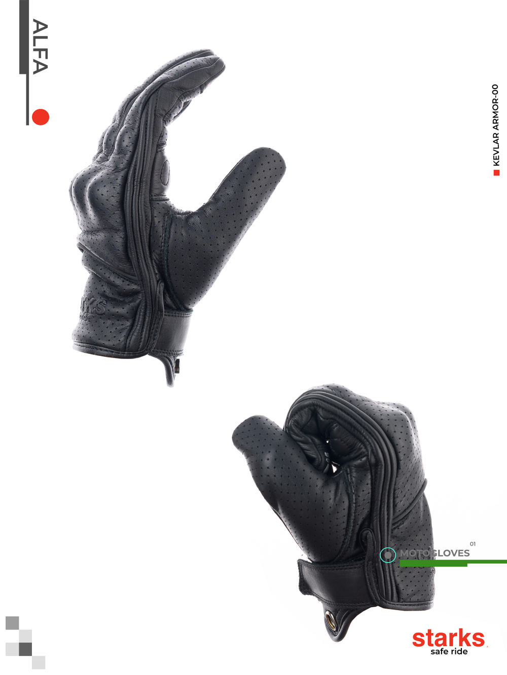 Мотоперчатки Alfa (перфорированная кожа) L,черный STARKS