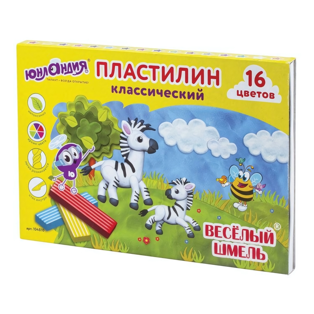 Пластилин классический 16цв. "Весёлый шмель" 240г. со стеком (ЮНЛАНДИЯ)