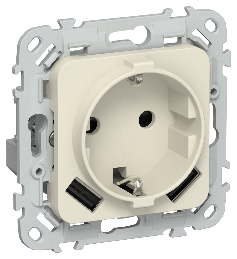 FLITE Розетка 1-местная с заземлением с защитными шторками 16А с USB A+A 3,1А РСЮша11-0-ФлСл сливочный IEK