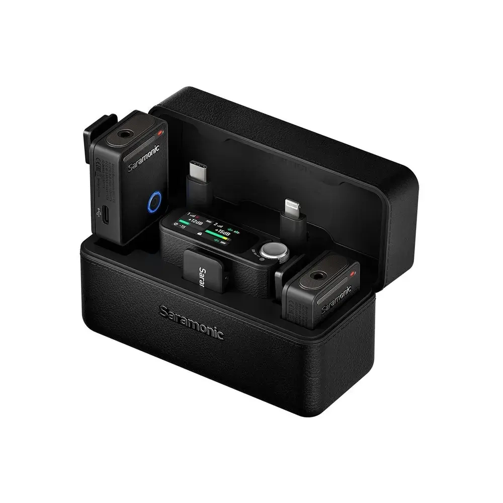 Радиосистема Saramonic Ultra 01 (TX+TX+RX) 2,4Гц приемник + 2 передатчика в кейсе с подзарядкой, разъем 3,5мм, USB-C, Lightning, цвет черный