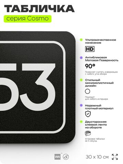 Табличка с номером помещения "Помещение №53", номер на дверь, 30 х 10 см, серия COSMO, черная, Айдентика Технолоджи