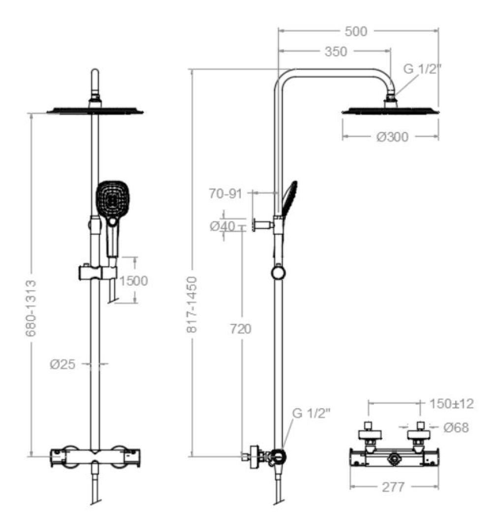 Душевая термостатическая система без излива с регулировкой высоты BLAUTHERM 945412Q3RP300NM черная