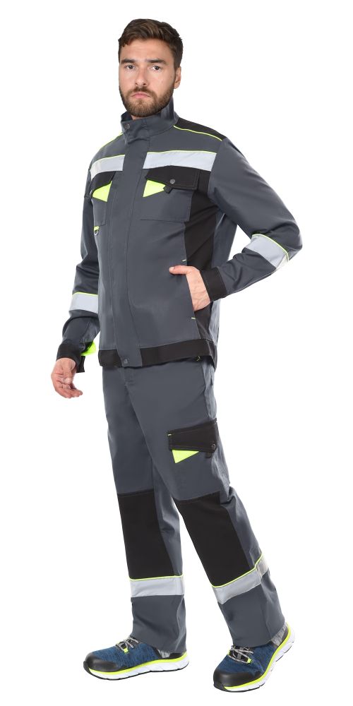 Костюм СИРИУС-ХОВАРД куртка, п/к, тёмно-серый с черным, лимонной отделкой и СОП