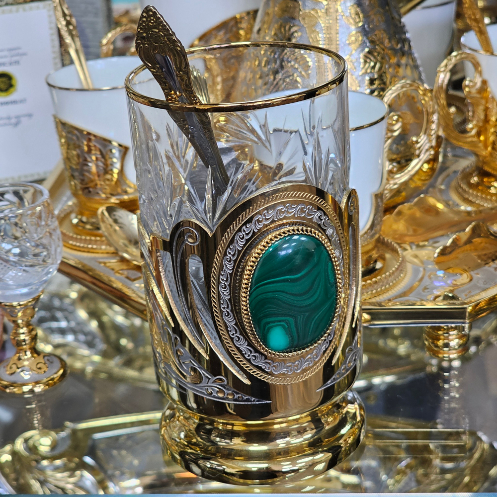 Подстаканник "Малахит" с ложечкой в футляре