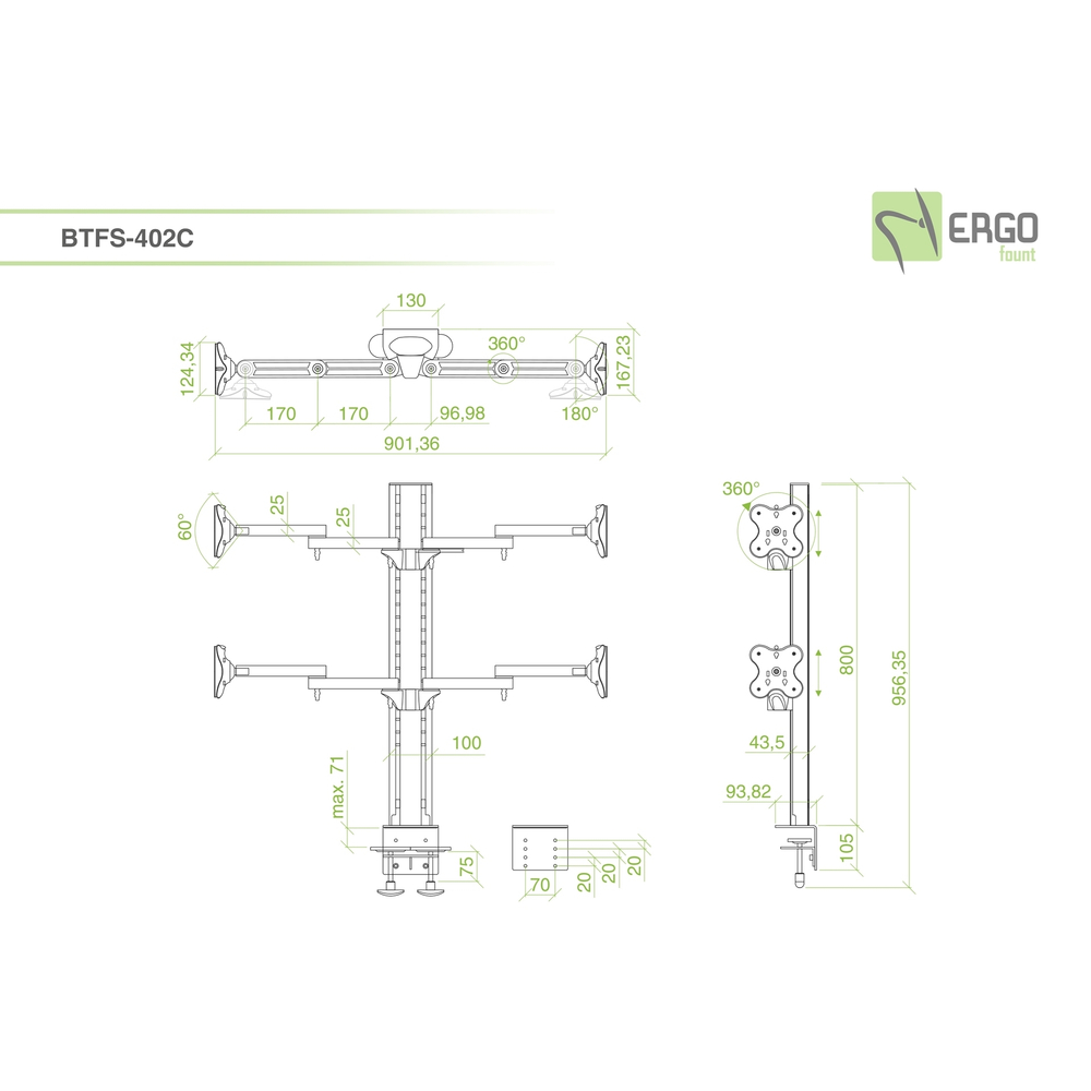 ErgoFount BTFS-402C Настольное крепление для 4 мониторов диагональю до 24'' с шарнирными двухколенными вылетами, конфигурацией 2х2 и зажимом к столу типа "С". Цвет - серебристый
