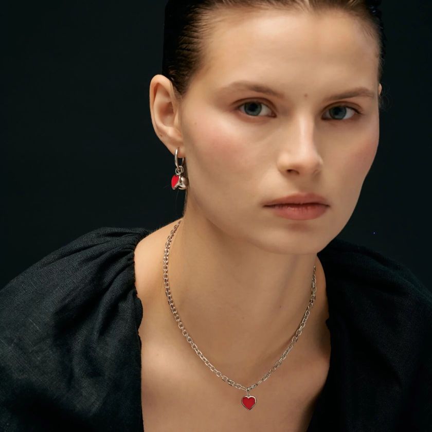 Моносерьга Серебряное Сердце – Красная