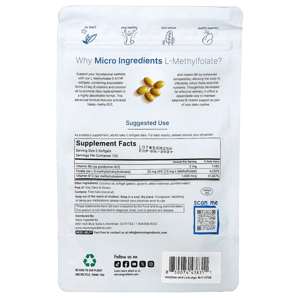 Micro Ingredients, L-метилфолат, 240 капсул