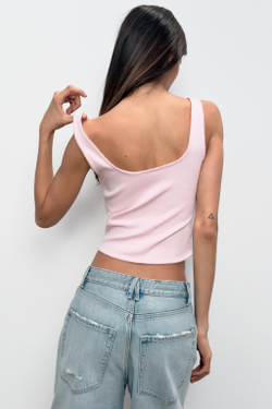ZARA ТОП В РУБЧИК НА БРЕТЕЛЯХ, ПАСТЕЛЬНО-РОЗОВЫЙ