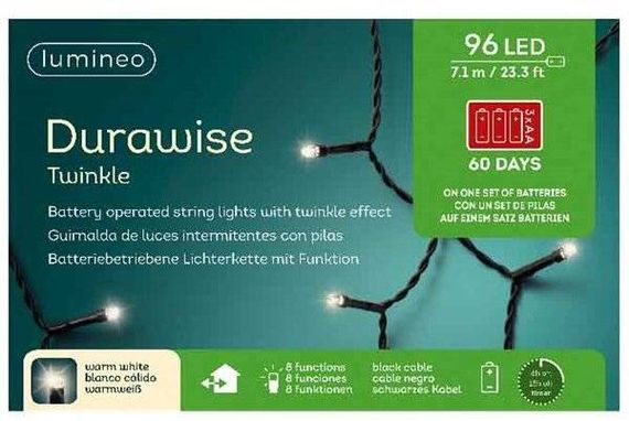 Светодиодная гирлянда на батарейках с контроллером 7.1 м., 96 теплых белых LED ламп, 3 батарейки типа АА, черный ПВХ провод, Kaemingk (497141)