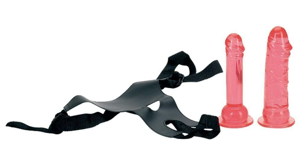 Трусики из кожзаменителя с двумя фаллоимитаторами CROTCHLESS STRAP-ON 2 DONGS HOT PINK (Цвет: розовый)