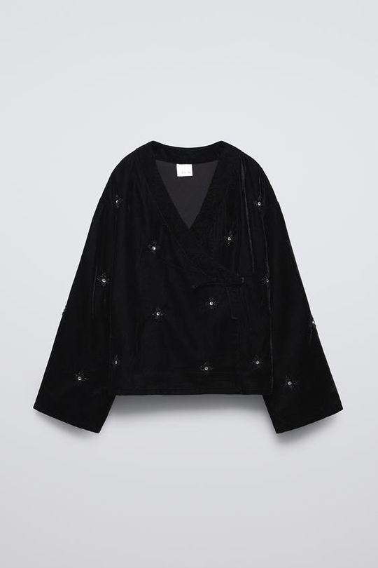 ZARA БАРХАТНОЕ КИМОНО С БУСИНАМИ, ЧЕРНЫЙ