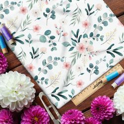 Ткань футер 2-х нитка нежные розовые цветы и полевые листья