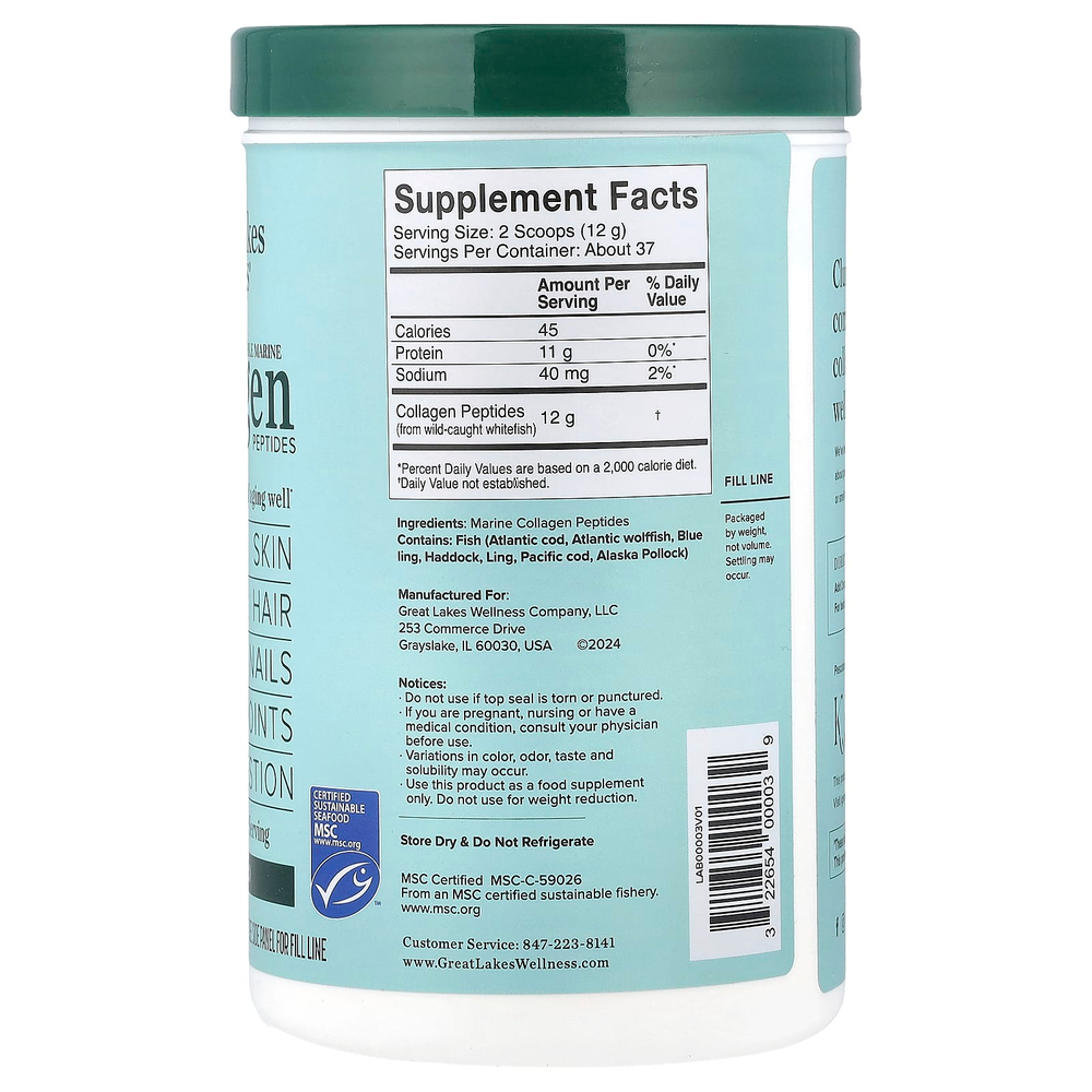 Great Lakes Wellness, экологичные пептиды морского коллагена, без вкусовых добавок, 454 г (16 унций)