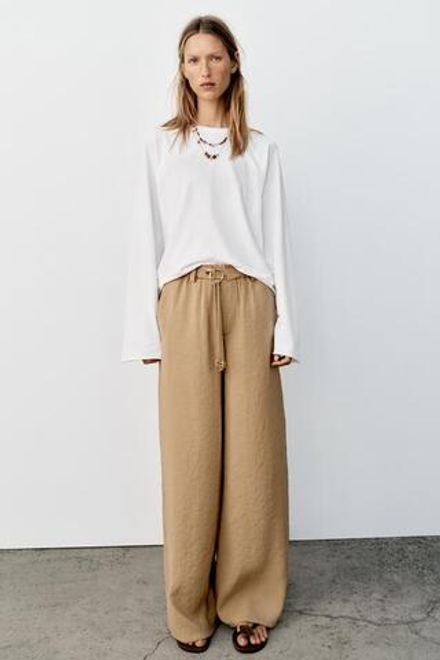 ZARA ПРЯМЫЕ БРЮКИ С ПОЯСОМ, ПЕСОЧНЫЙ