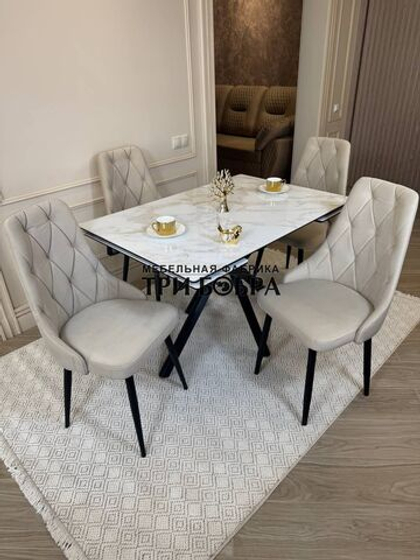 Кухонный раскладной стол "Монако" из керамогранита, белый мрамор и 4 стула ЛОНДОН