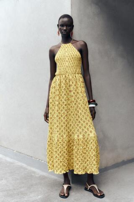 ZARA ПЛАТЬЕ МИДИ С ПРИНТОМ, ЖЕЛТЫЙ