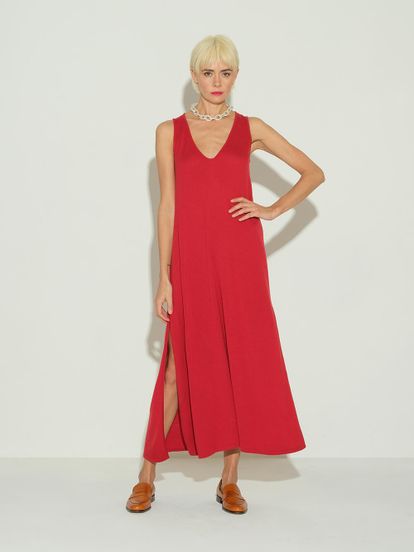 Женское платье красного цвета из шерсти и шелка - фото 2