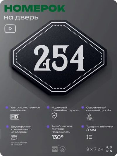 Номерок на дверь квартиры 254, для кабинета, офиса, шильдик 9 х 7 см, черный, Айдентика Технолоджи