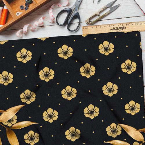 Ткань бифлекс золотистые цветы на чёрном