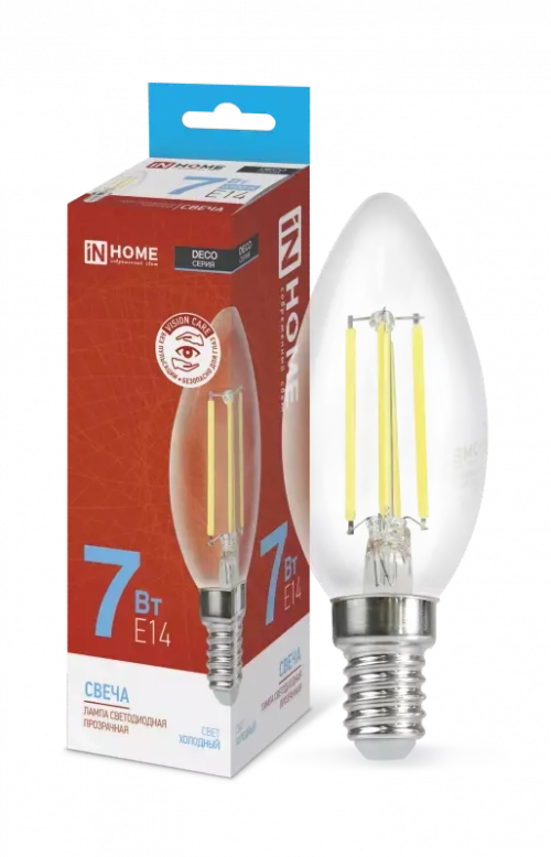 Лампа светодиодная LED-СВЕЧА-deco 7Вт 230В Е14 6500К ХОЛОДНЫЙ 810Лм прозрачная IN HOME