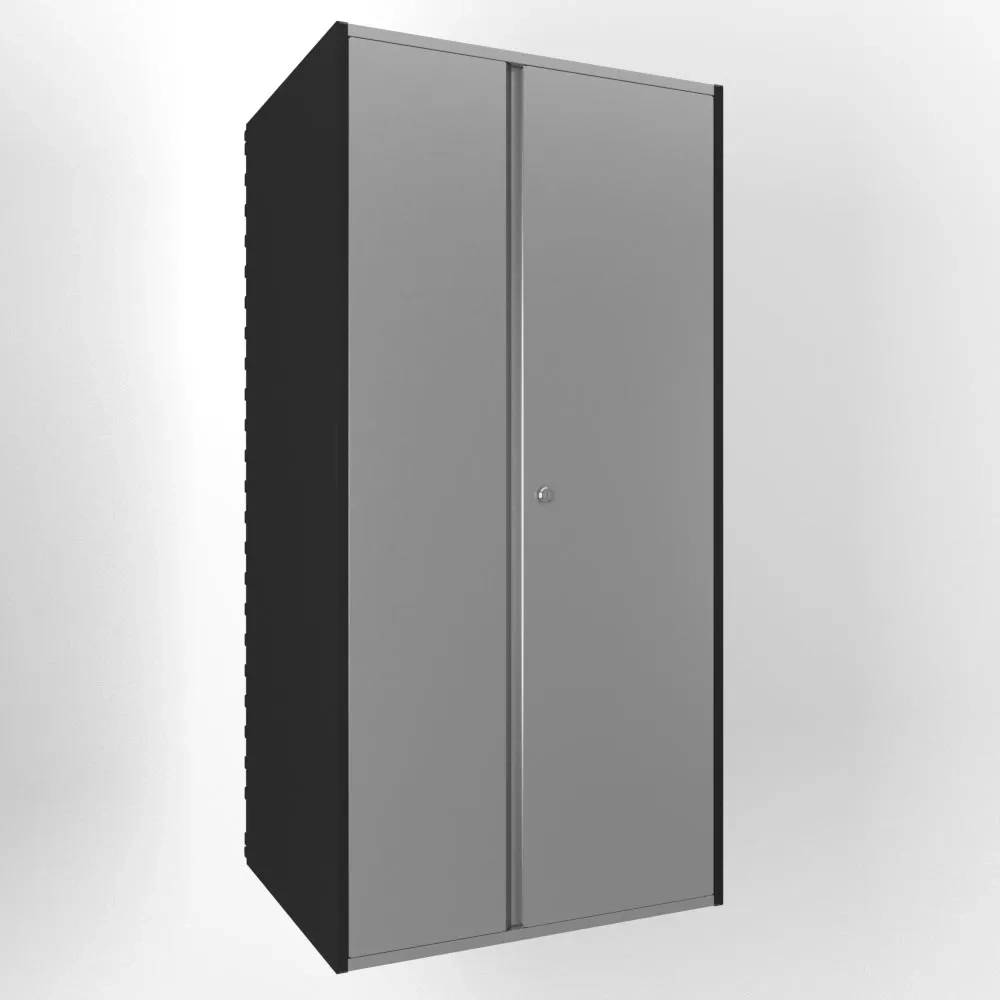 Большой навесной металлический шкаф системы IF (600х1200 мм) для хранения в гараже, черный корпус с металлическими фасадами.